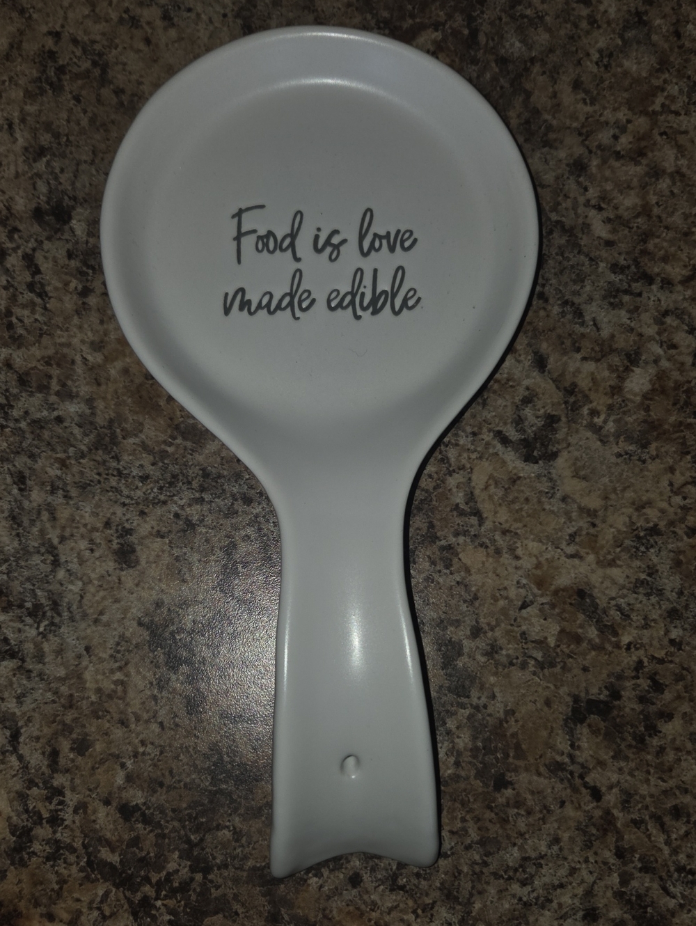 Boston Warehouse White Ceramic Spoon Rest with 'Food is love made edible' Script